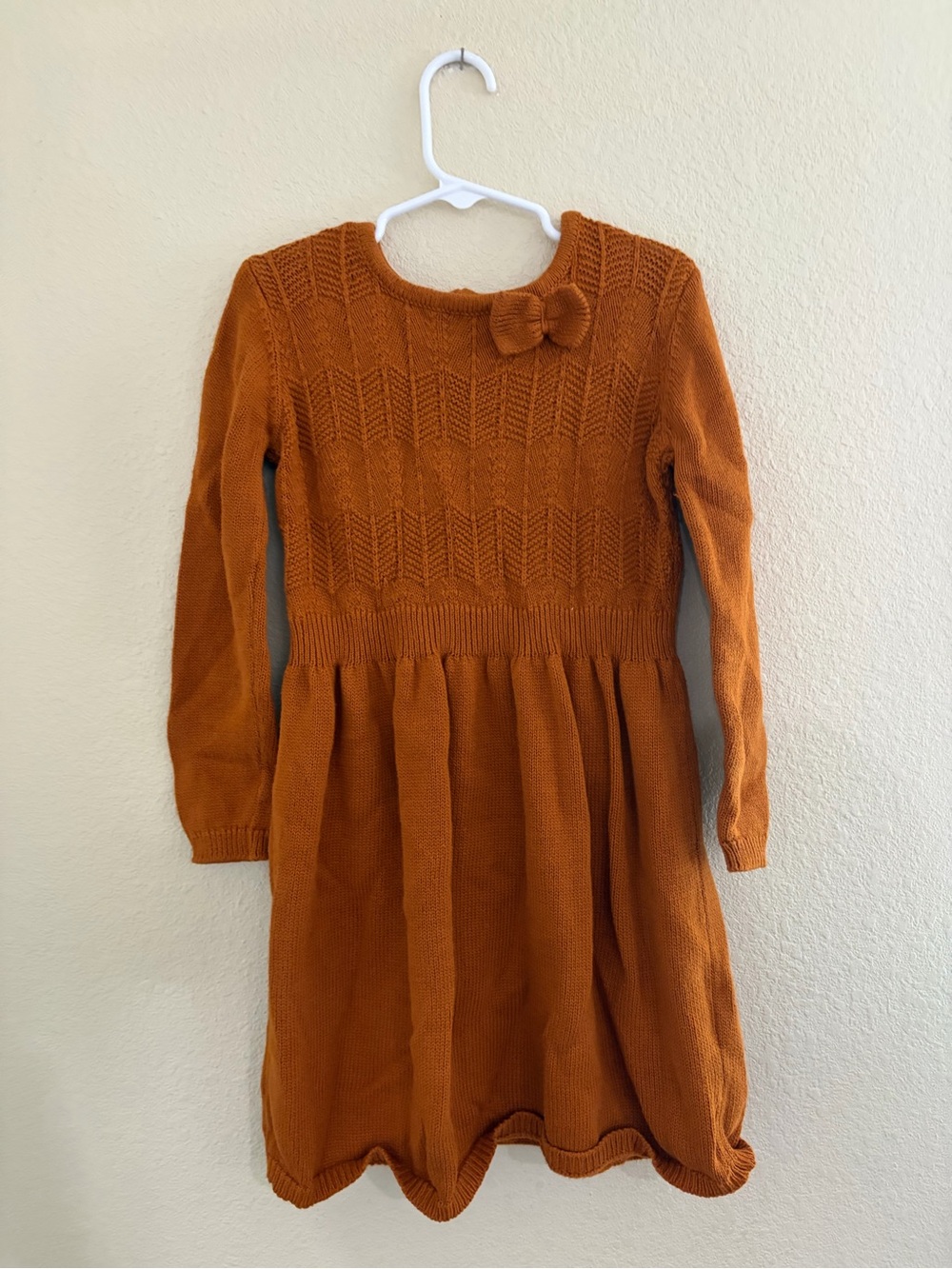 Girls Burnt Orange Fall Light weight Knit Bow-Accent Dress